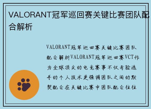 VALORANT冠军巡回赛关键比赛团队配合解析