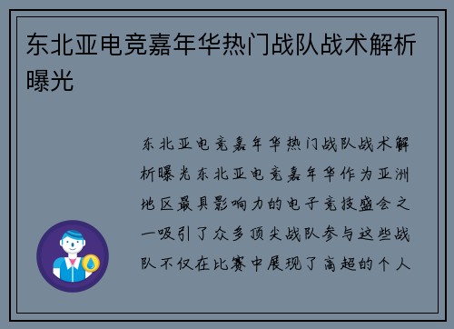 东北亚电竞嘉年华热门战队战术解析曝光